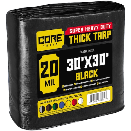 Core Tarps Heavy Duty Tarp, 30 ft x 30 ft, 20 Mil, Black, Polyethylene CT-706-30x30